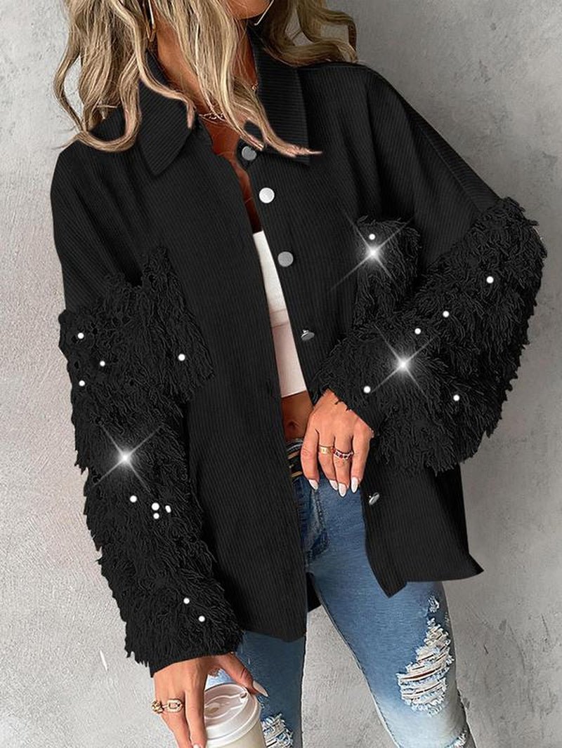 Women'S Colorblock Fuzzy Trim Long Sleeve Jacket, Casual Fashion Button Front Outerwear for Daily Outdoor Wear, Women Clothing for Fall & Winter - Bela Fils BoutiqueBela Fils Boutique